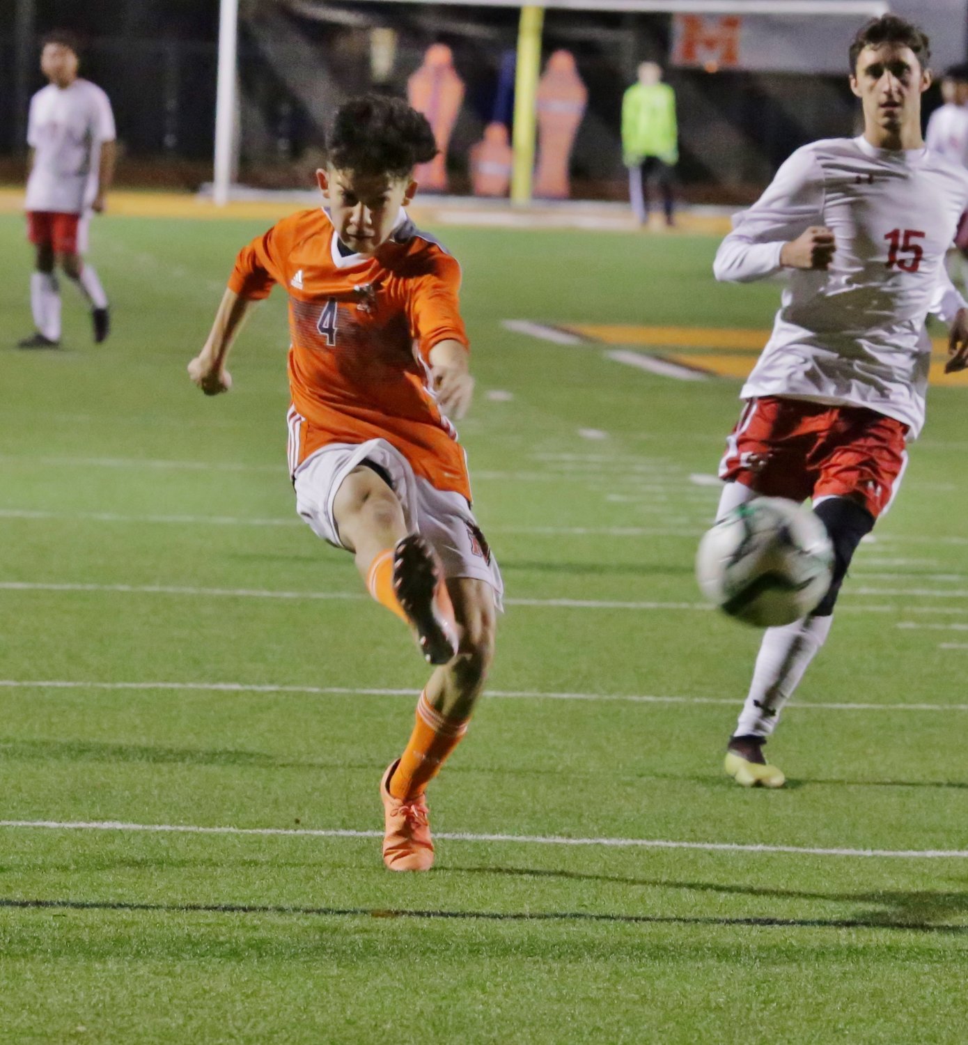 Omar Galaz fires a shot at goal in Mineola’s 5-1 win Friday against Van.
